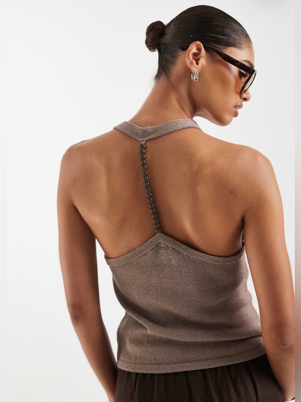 ASOS DESIGN knit halter top with beads in mocha